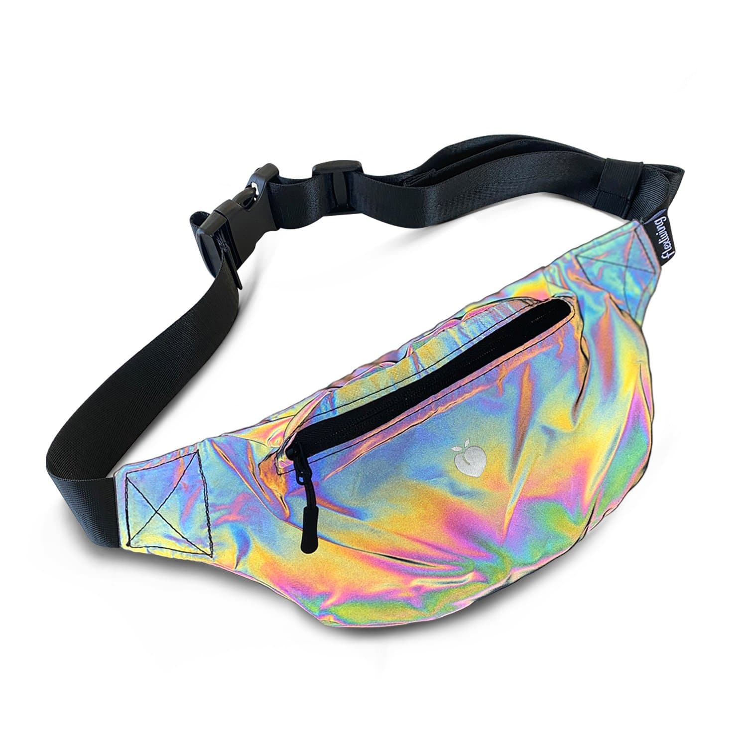 Fanny pack or crossbody bag that has a rainbow reflective outer fabric perfect for festivals, shows, hiking, inner-space voyages, or anything your adventure calls for!