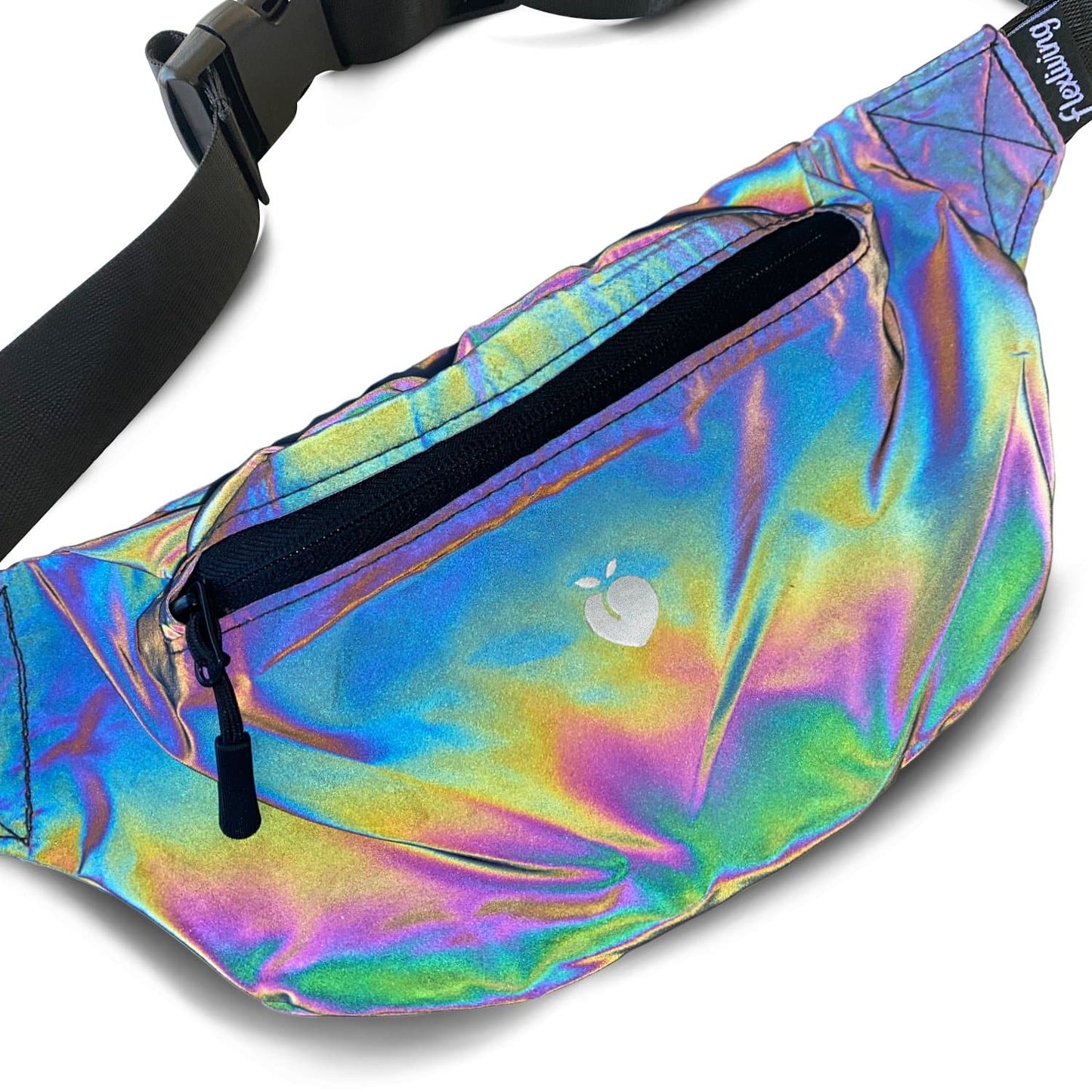 Fanny pack or crossbody bag that has a rainbow reflective outer fabric perfect for festivals, shows, hiking, inner-space voyages, or anything your adventure calls for!